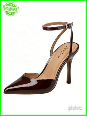 Closed Toe Slingback Pumps Stiletto Heels Ankle Strap Pointed Toe 3.3 Inch Heels